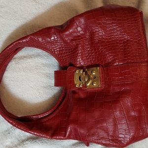 Donna Karan Red Croco Print Shoulder Hobo Bag